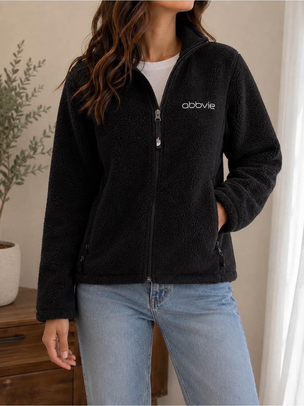 The North Face Black Fleece Sherpa Zip-Up Jacket AbbVie Logo Size Medium
